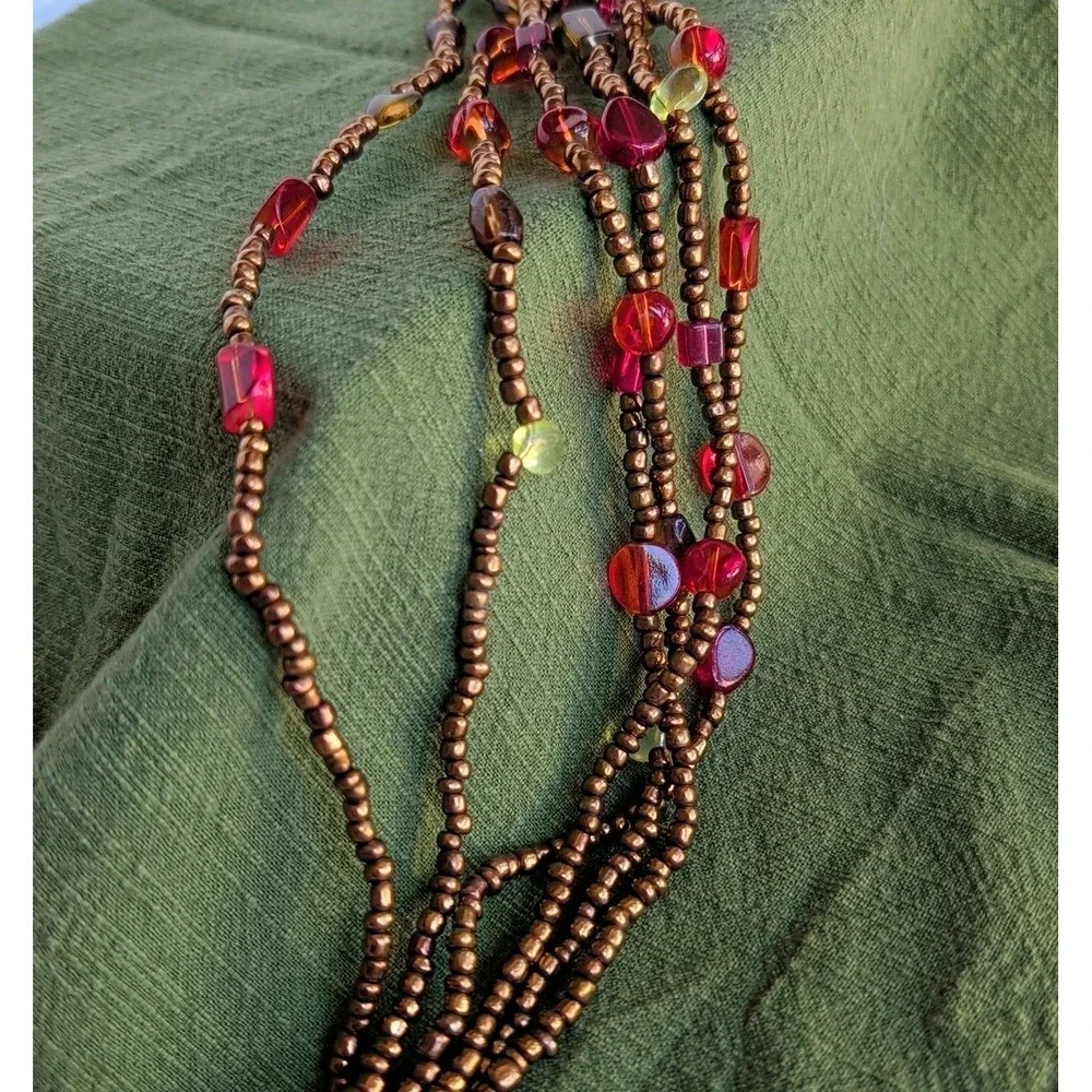 Art Glass Multi Strand Beaded Necklace Brass Tone 6 Strand Boho 16